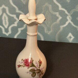 Vintage Japan Moss Rose China Vanity Table Perfume Bottle 8" Tall